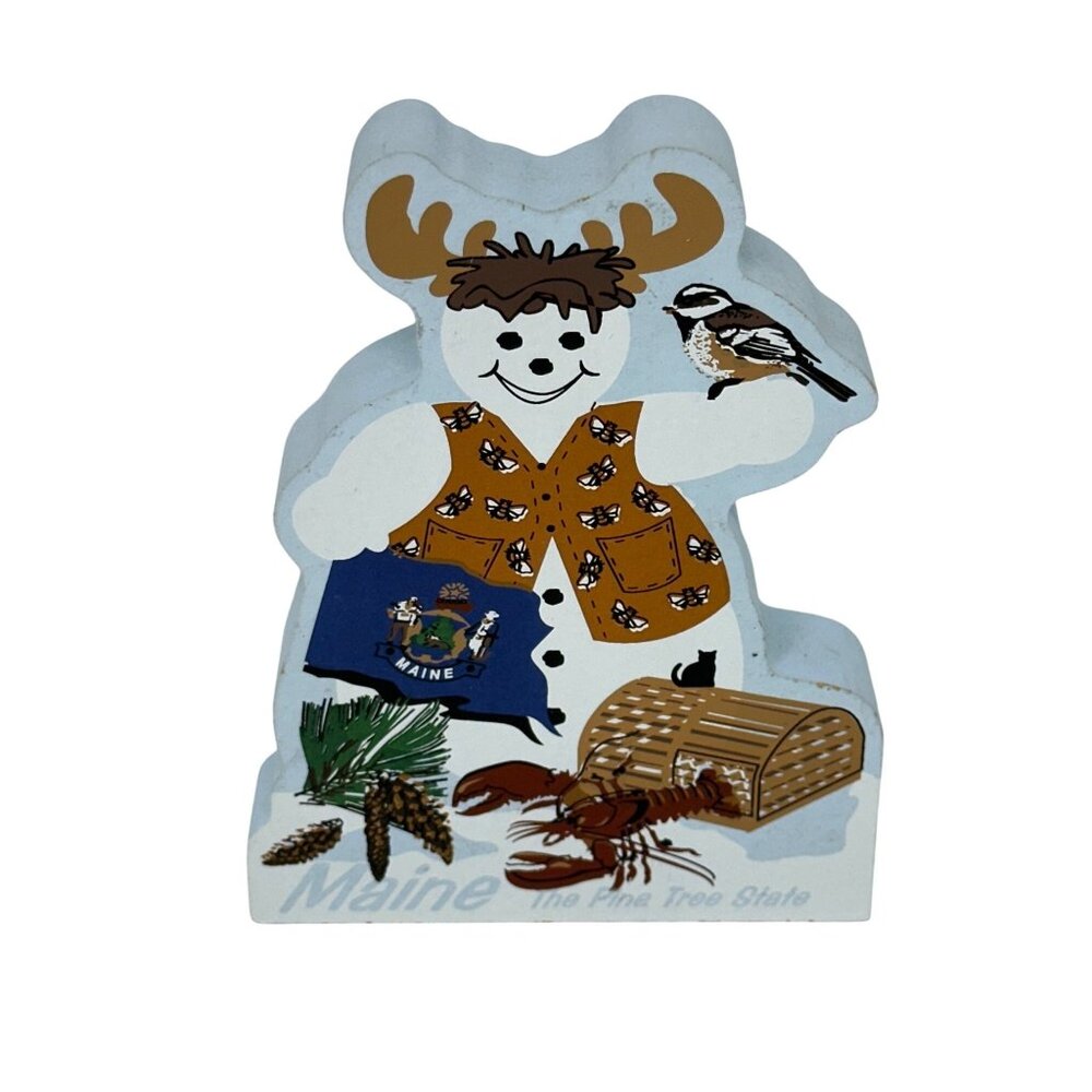 VTG The Cat's Meow 2003 Maine Snowman Wooden Village Display Lobster Moose 4"x5"